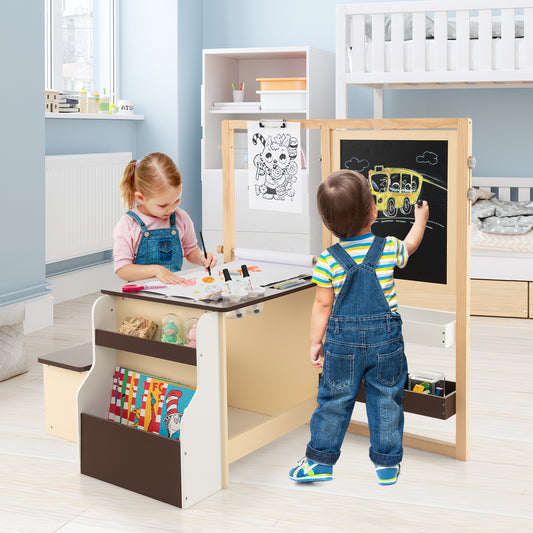 Kids Art Easel Table and Bench Set with Adjustable Easel and Bookshelf-Coffee