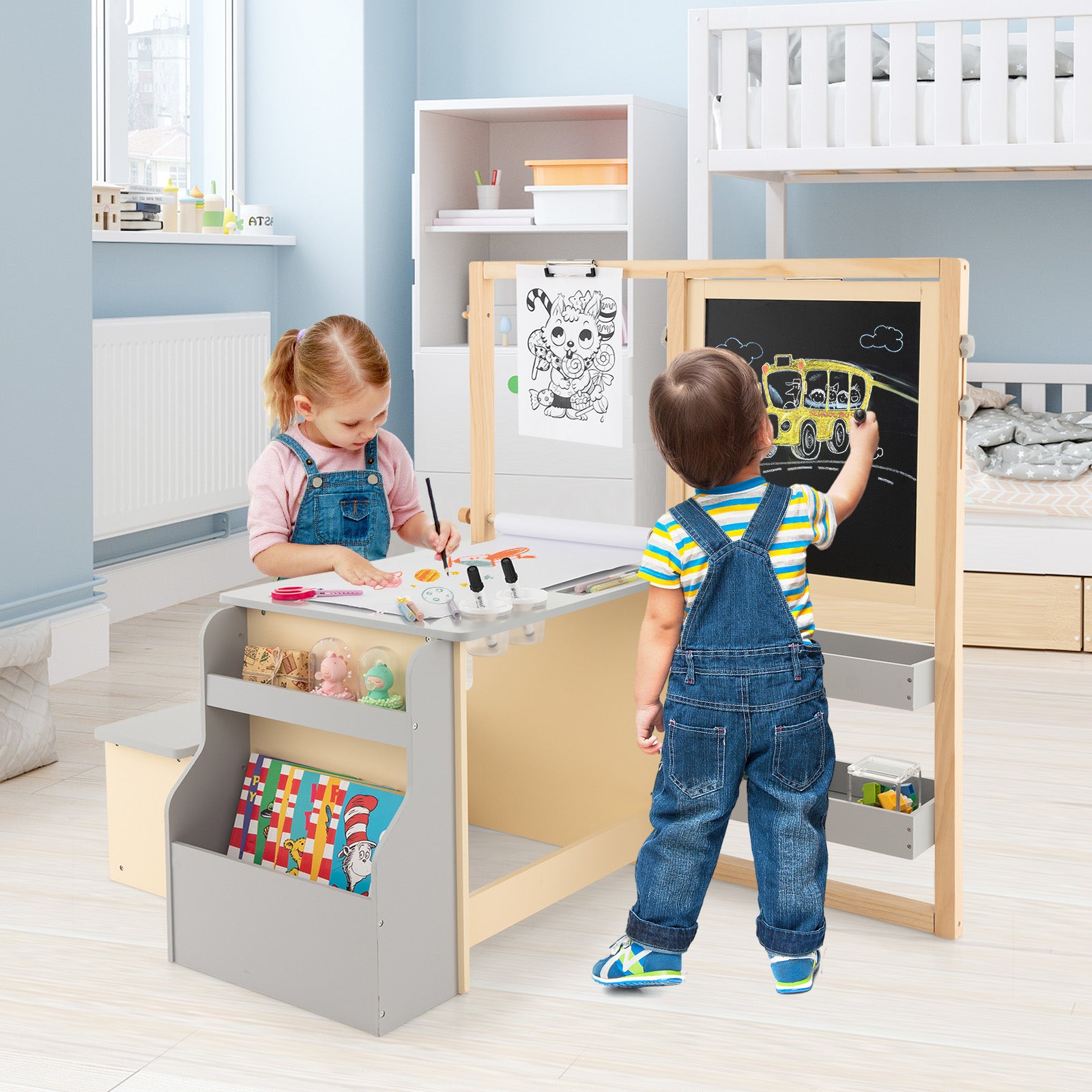 Kids Art Easel Table and Bench Set with Adjustable Easel and Bookshelf-Grey