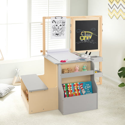 Kids Art Easel Table and Bench Set with Adjustable Easel and Bookshelf-Grey