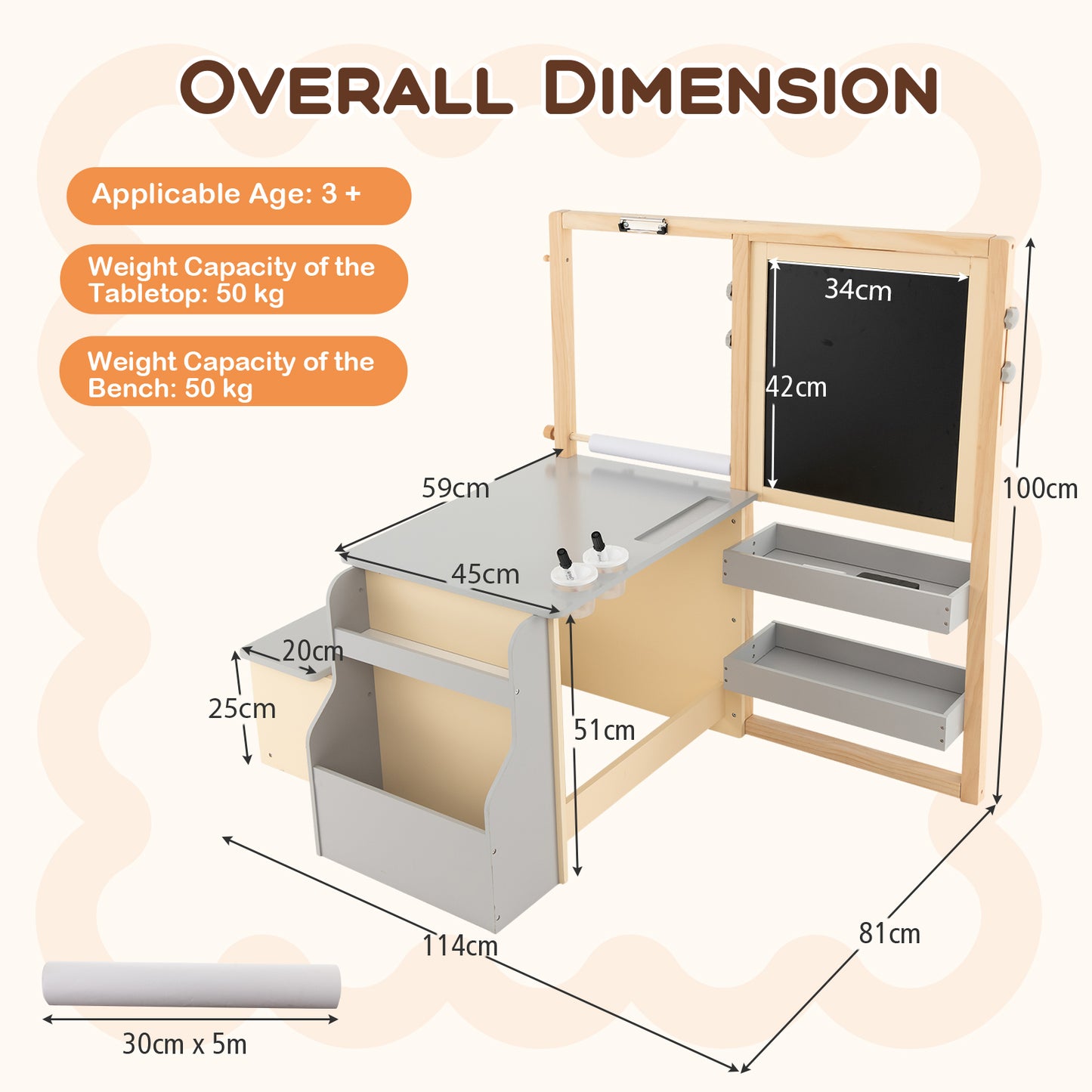 Kids Art Easel Table and Bench Set with Adjustable Easel and Bookshelf-Grey