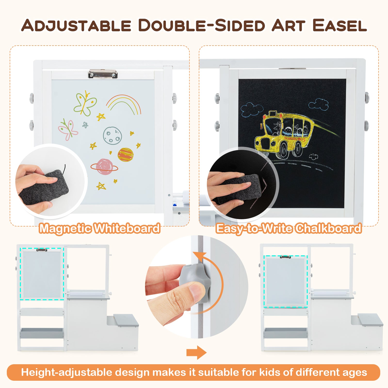 Kids Art Easel Table and Bench Set with Adjustable Easel and Bookshelf-Light Grey