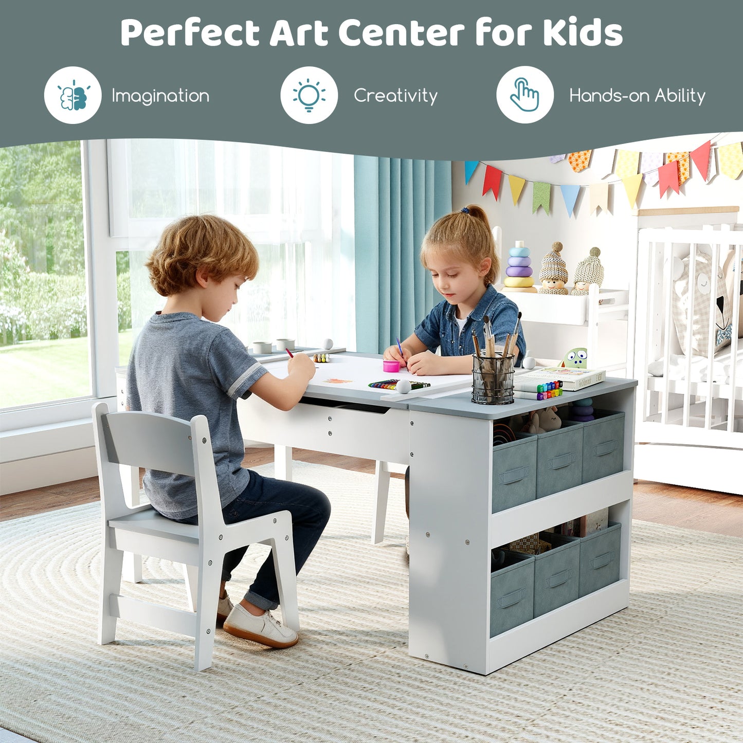 2-in-1 Kids Art Table Set with Chairs-Grey