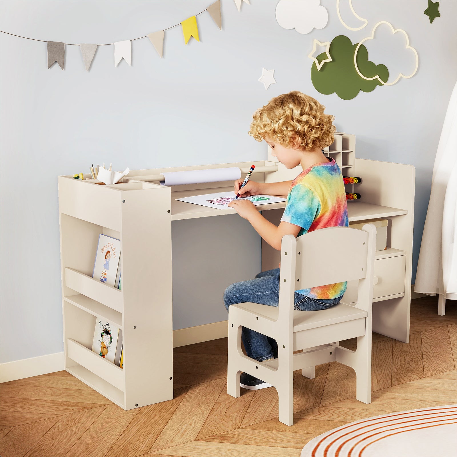 Kids Art Table and Chair Set with Removable Paper Roll Holder-Natural