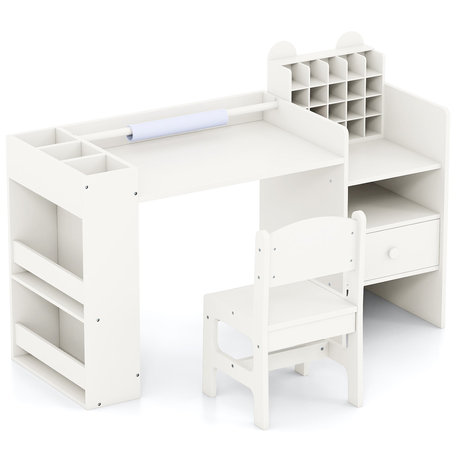 Kids Art Table and Chair Set with Removable Paper Roll Holder-White