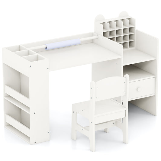 Kids Art Table and Chair Set with Removable Paper Roll Holder-White