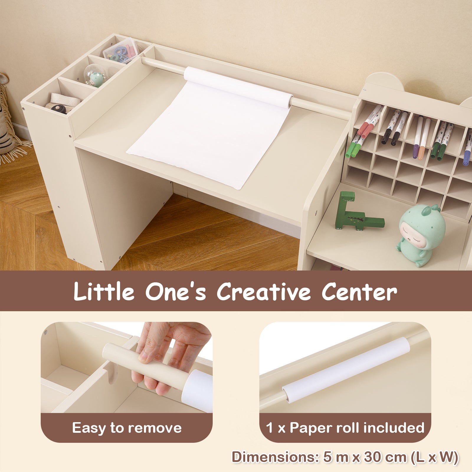 Kids Art Table and Chair Set with Removable Paper Roll Holder-Natural