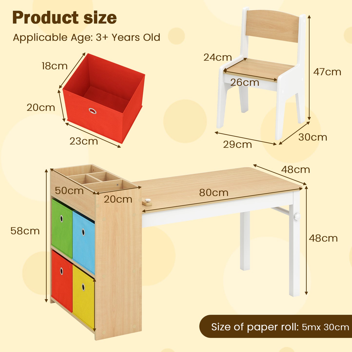 Kids Art Table and Chairs Set with Paper Roll and Storage Shelves-Colourful