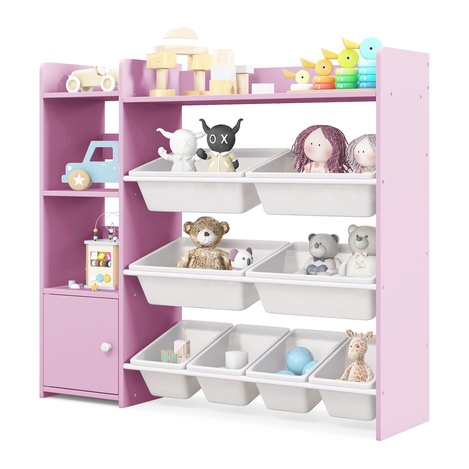 Kids Bookshelf Toy Storage Organizer with Storage Boxes and Open Shelves-Pink