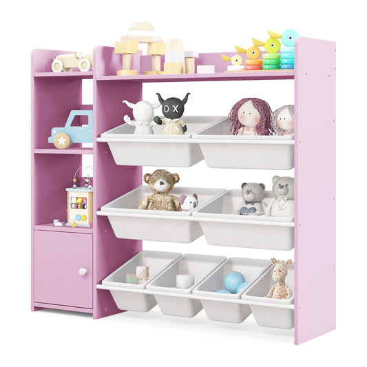 Kids Bookshelf Toy Storage Organizer with Storage Boxes and Open Shelves-Pink