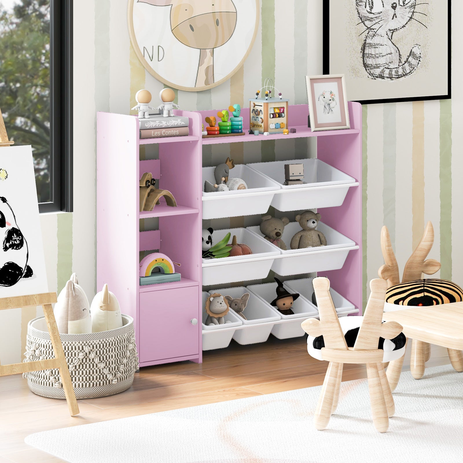 Kids Bookshelf Toy Storage Organizer with Storage Boxes and Open Shelves-Pink