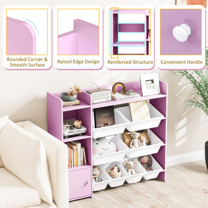 Kids Bookshelf Toy Storage Organizer with Storage Boxes and Open Shelves-Pink