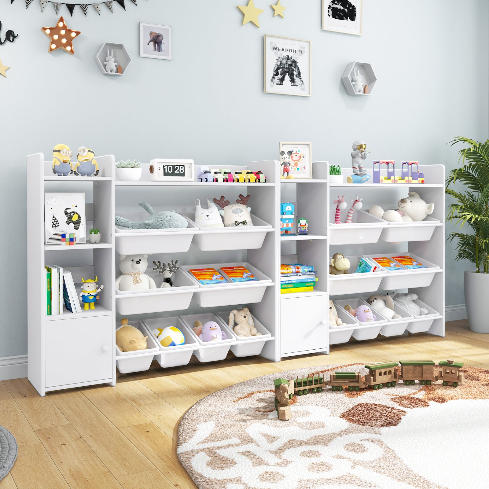 Kids Bookshelf Toy Storage Organizer with Storage Boxes and Open Shelves-White