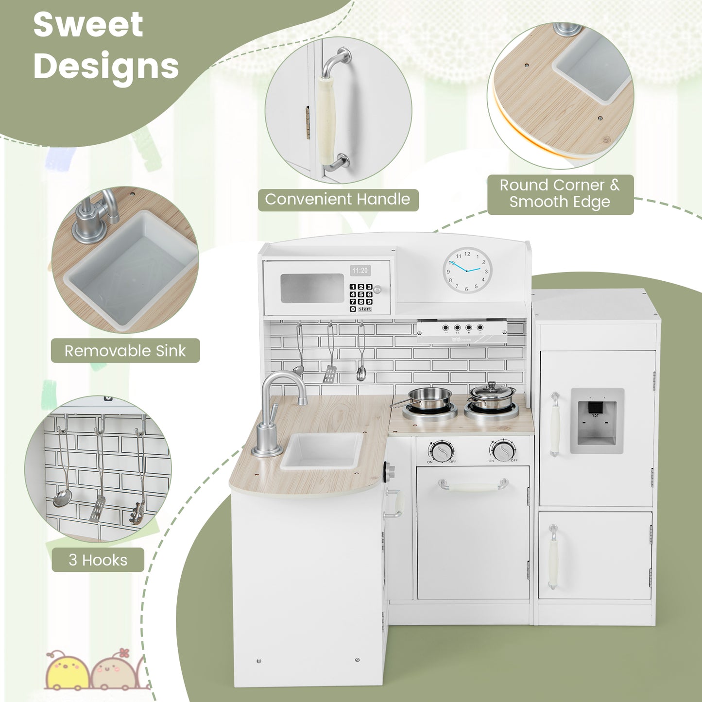 Kid's Wooden Corner Play Kitchen with Ample Accessories-White