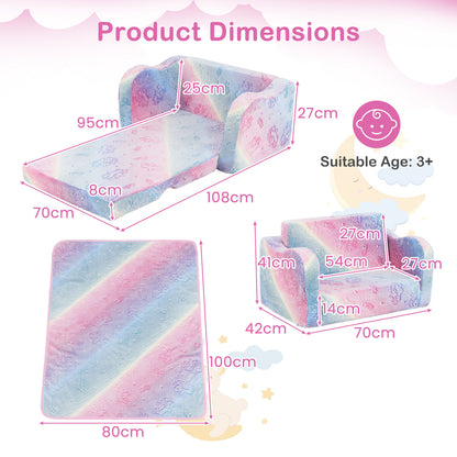 Kids Couch with Blanket 2-in-1 Folding Toddler Sofa Glow in the Dark Chair-Pink