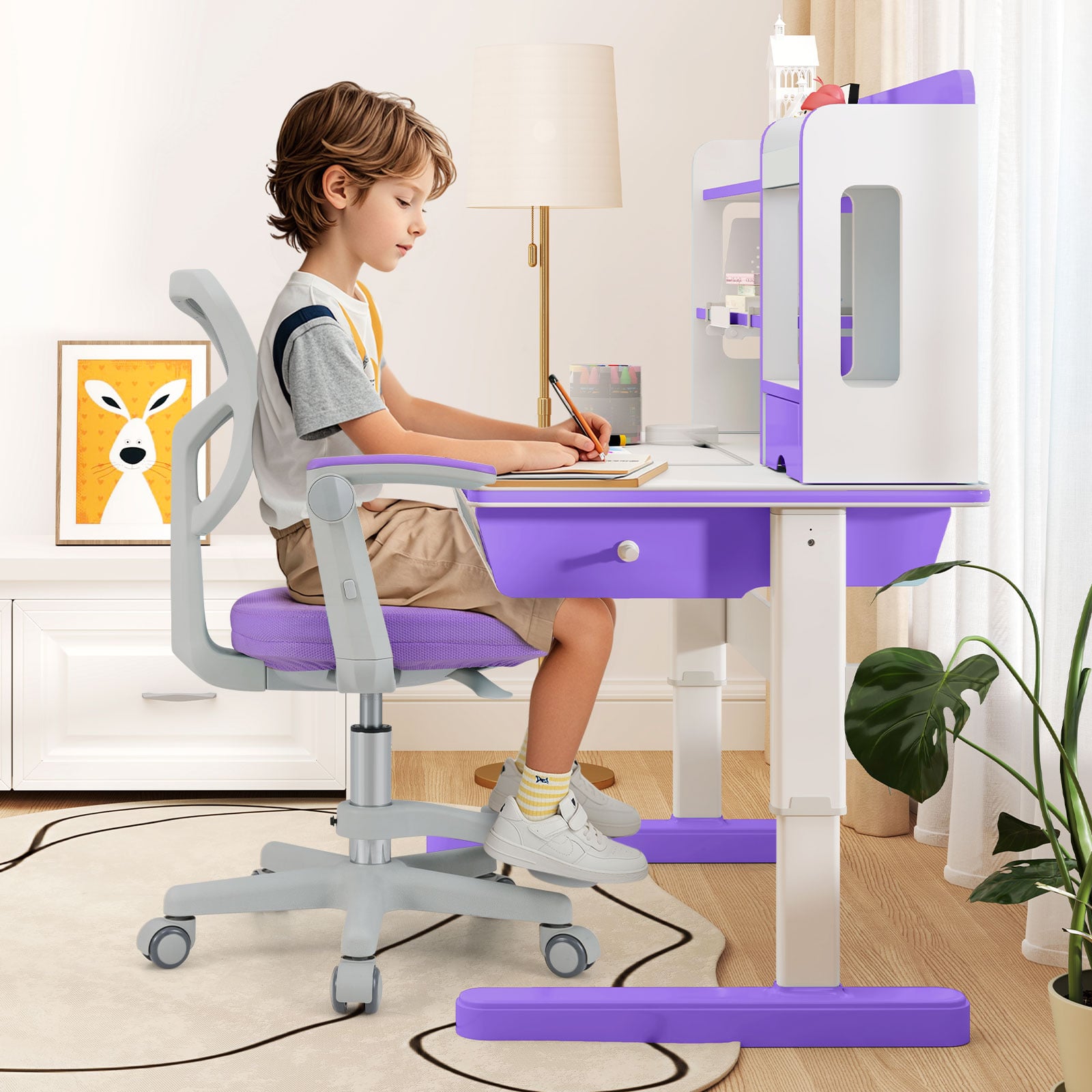 Kids Desk Chair Children Study Chair with Adjustable Height Armrest and Footrest-Purple