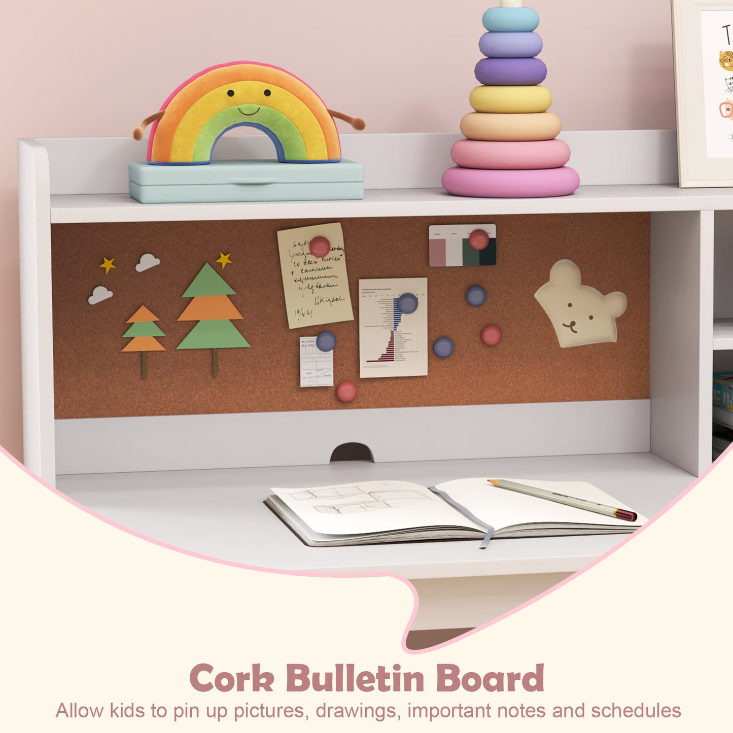 Kids Desk and Chair Set with Chair Hutch and 3-Layer Side Shelf-Pink