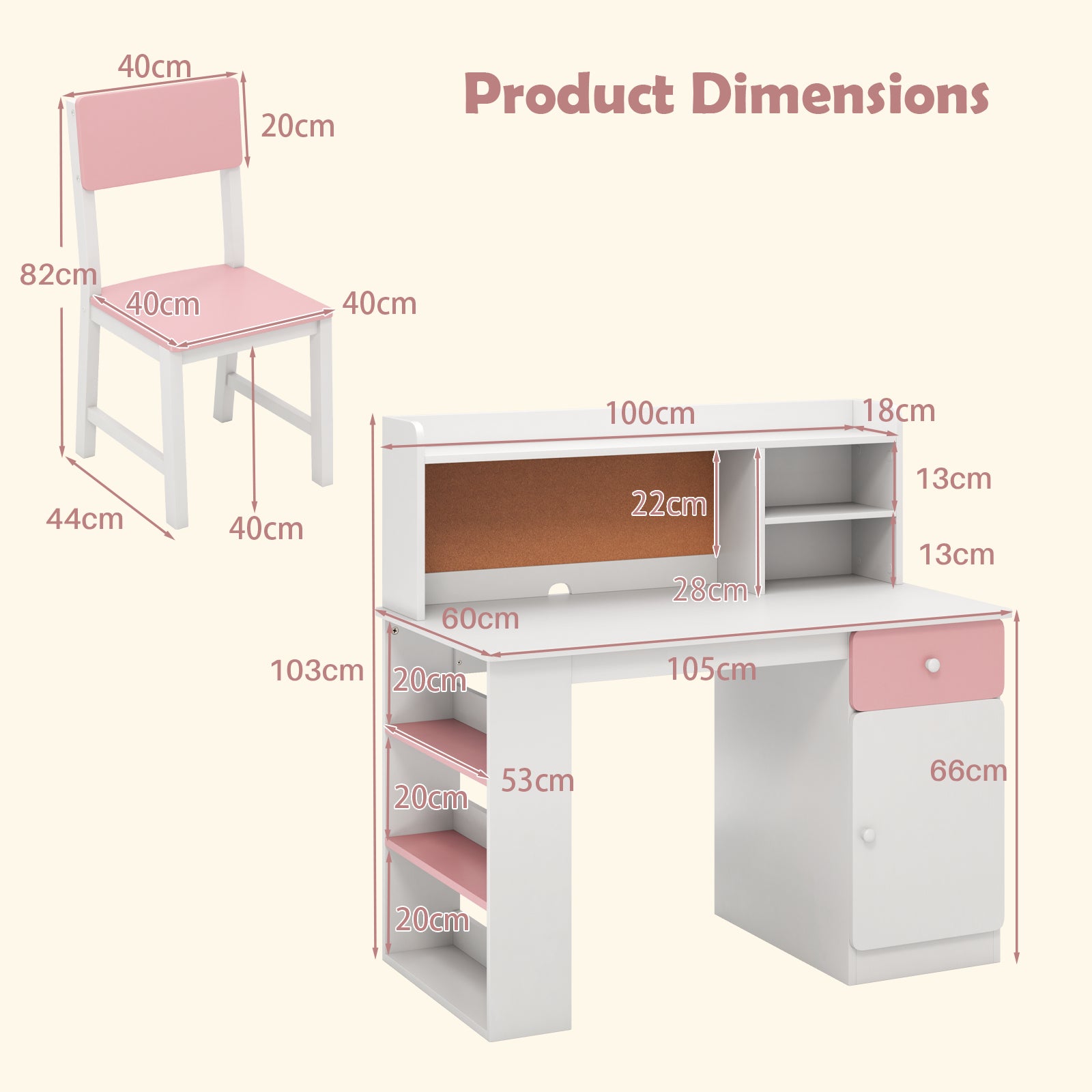 Kids Desk and Chair Set with Chair Hutch and 3-Layer Side Shelf-Pink