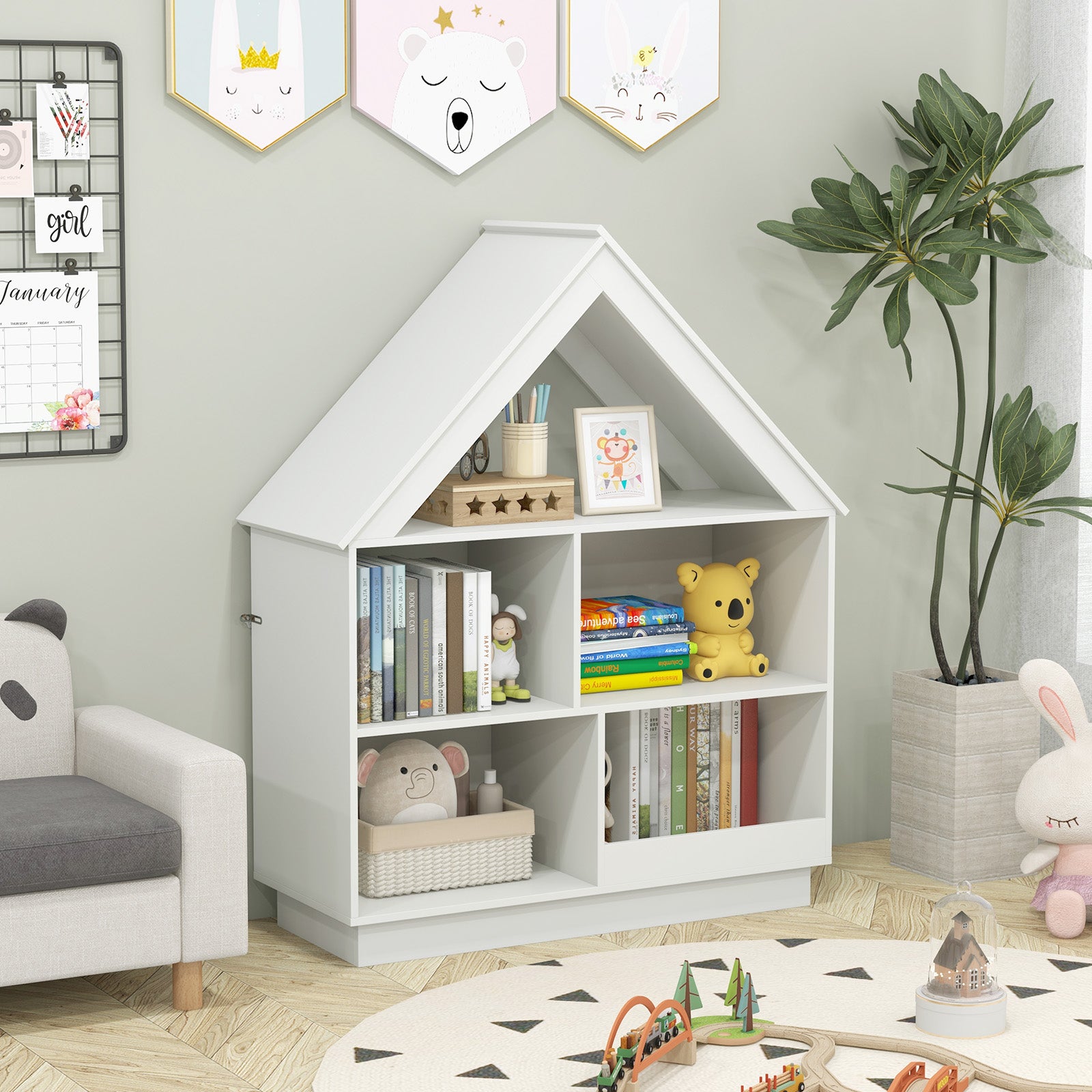 Kids Dollhouse Bookshelf with Anti-toppling Devices and 3-Tier Open Display Shelf for Toddlers-White