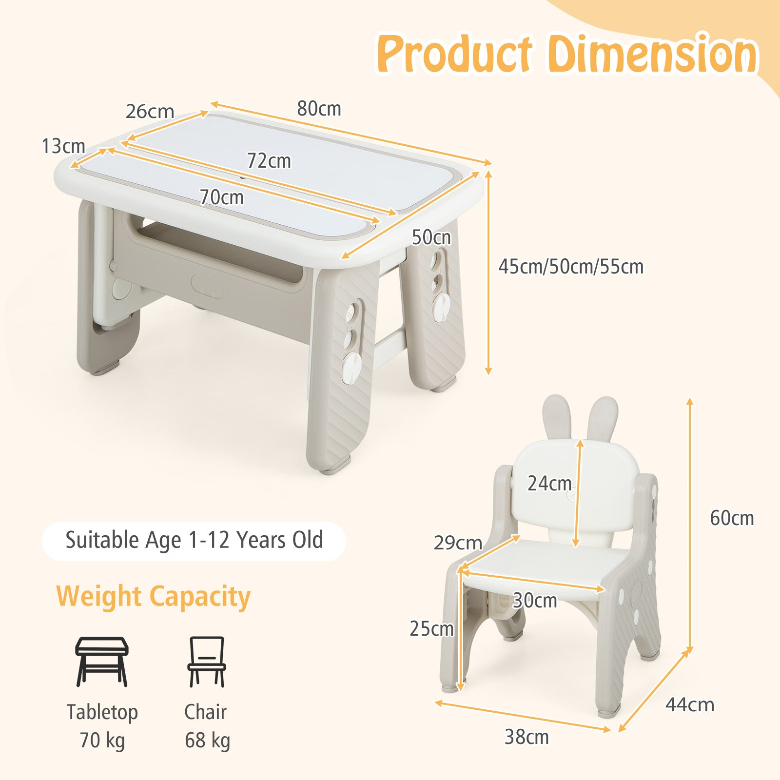 Kids Drawing Table and Chair Set with Flip-Top Tabletop Bookshelf-Grey