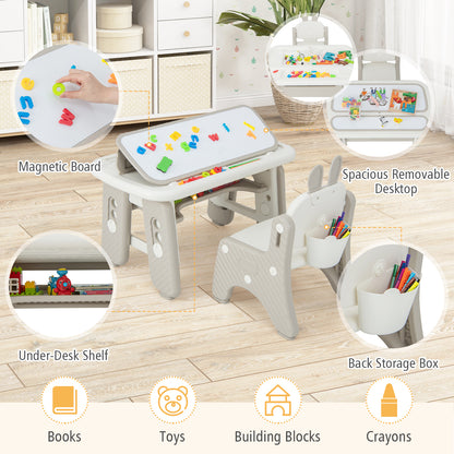 Kids Drawing Table and Chair Set with Flip-Top Tabletop Bookshelf-Grey