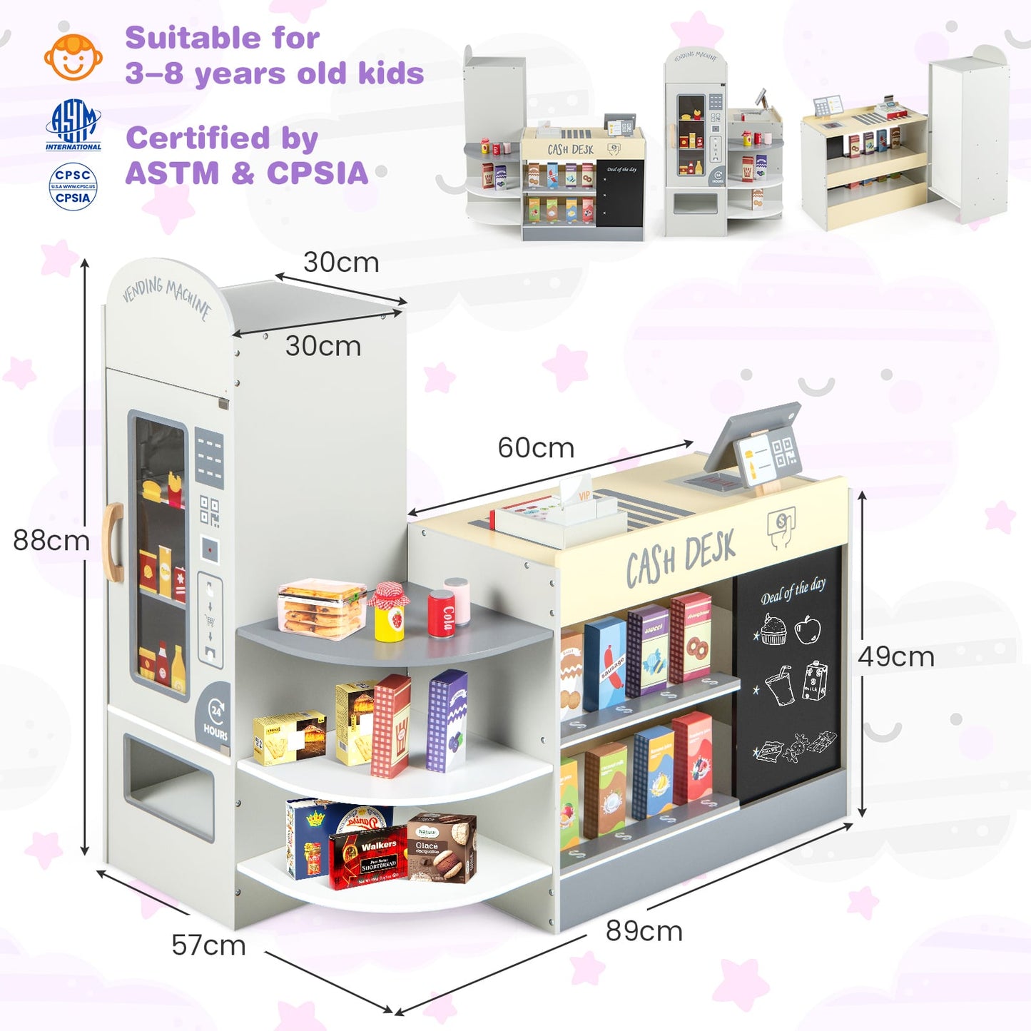 Kids Grocery Store Playset with Cash Register and Writable Chalkboard-Grey