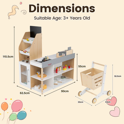 Kids Grocery Store Playset Wooden Pretend Play Supermarket with Shopping Cart-Natural