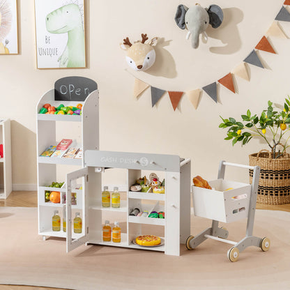Kids Grocery Store Playset Convertible with Shopping Cart and Movable Checkout Belt-White