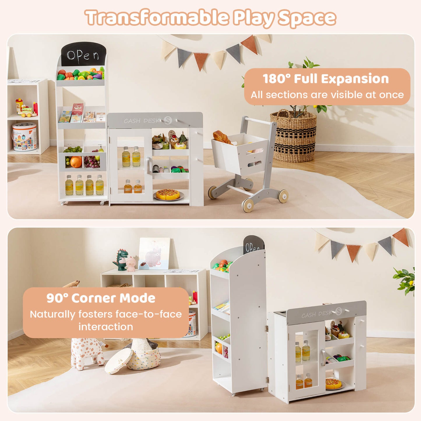 Kids Grocery Store Playset Convertible with Shopping Cart and Movable Checkout Belt-White