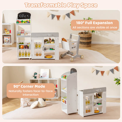 Kids Grocery Store Playset Convertible with Shopping Cart and Movable Checkout Belt-White
