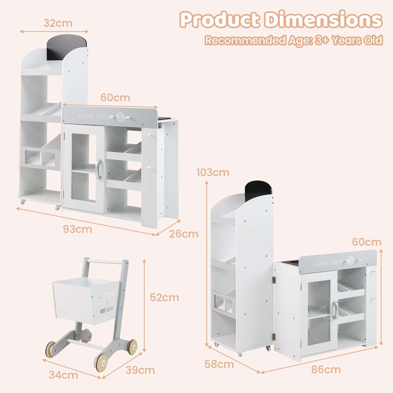 Kids Grocery Store Playset Convertible with Shopping Cart and Movable Checkout Belt-White