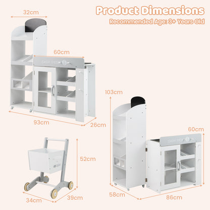 Kids Grocery Store Playset Convertible with Shopping Cart and Movable Checkout Belt-White