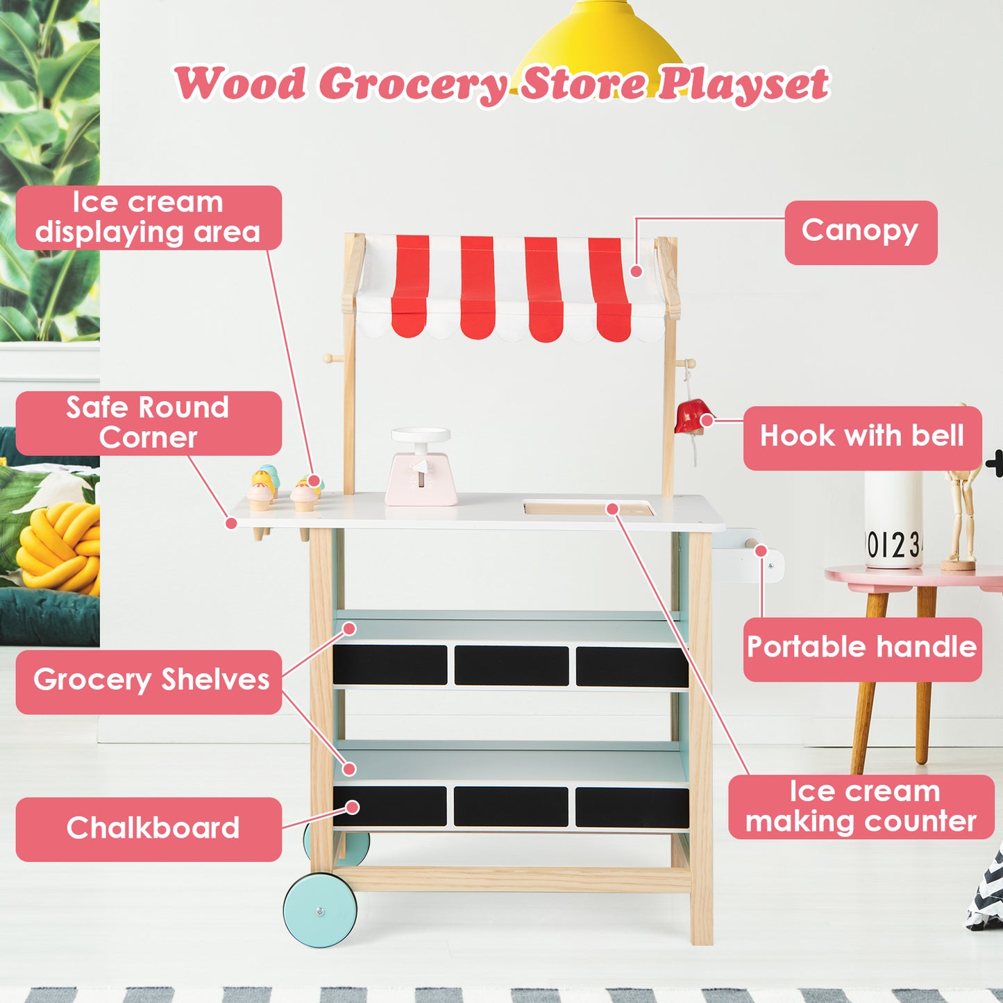 Wooden Pretend Play Kids Grocery Store with Chalkboard-Red