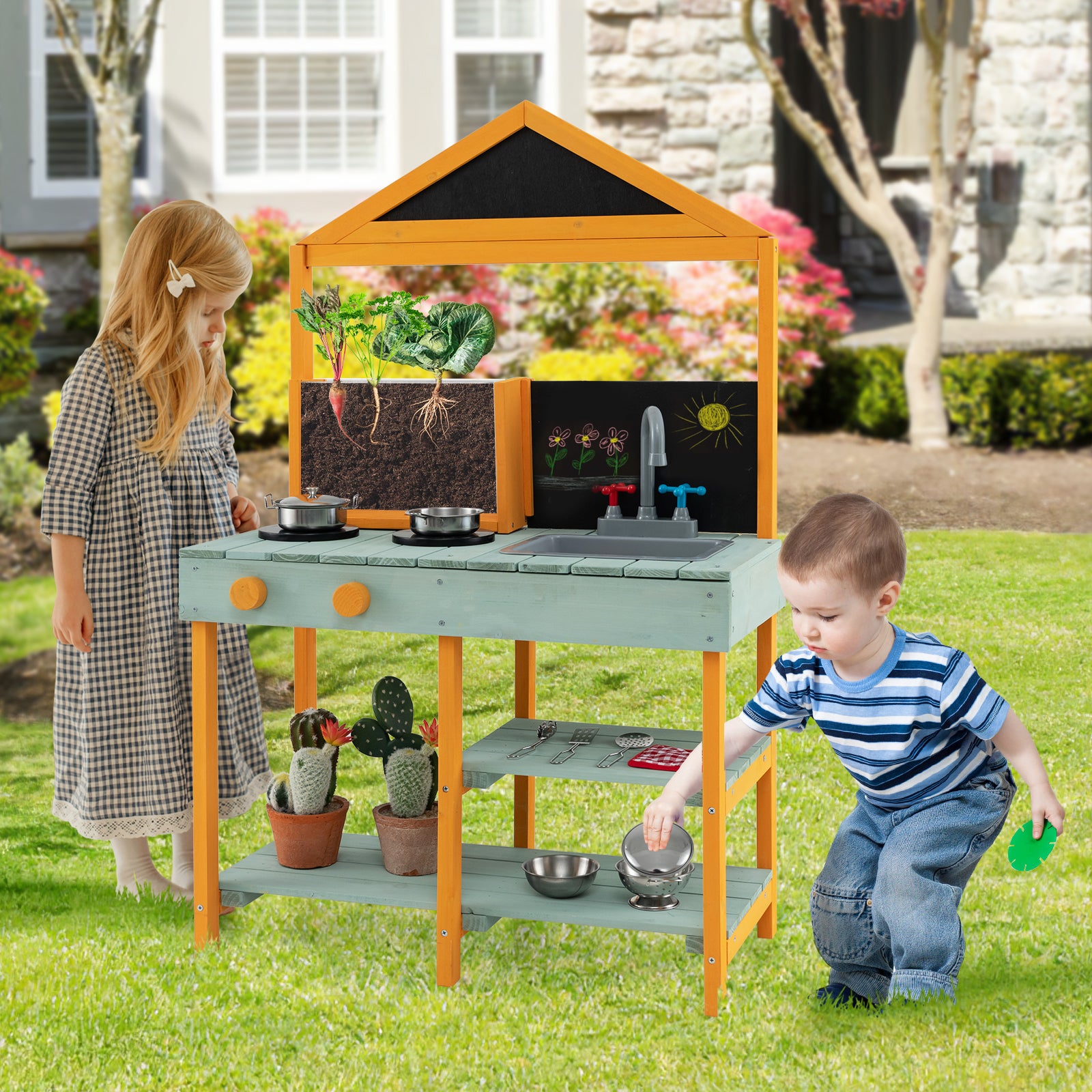 Kids Kitchen Playset with Root Viewer Planter Rotatable Faucet-green