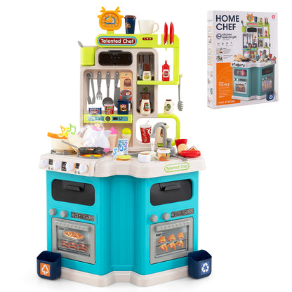 Kids Kitchen Playset Corner Play Kitchen with Realistic Sounds and Lights-Blue