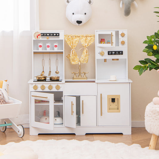 Kids Kitchen Playset with Coffee Maker and Stove Top and Golden Utensils-White