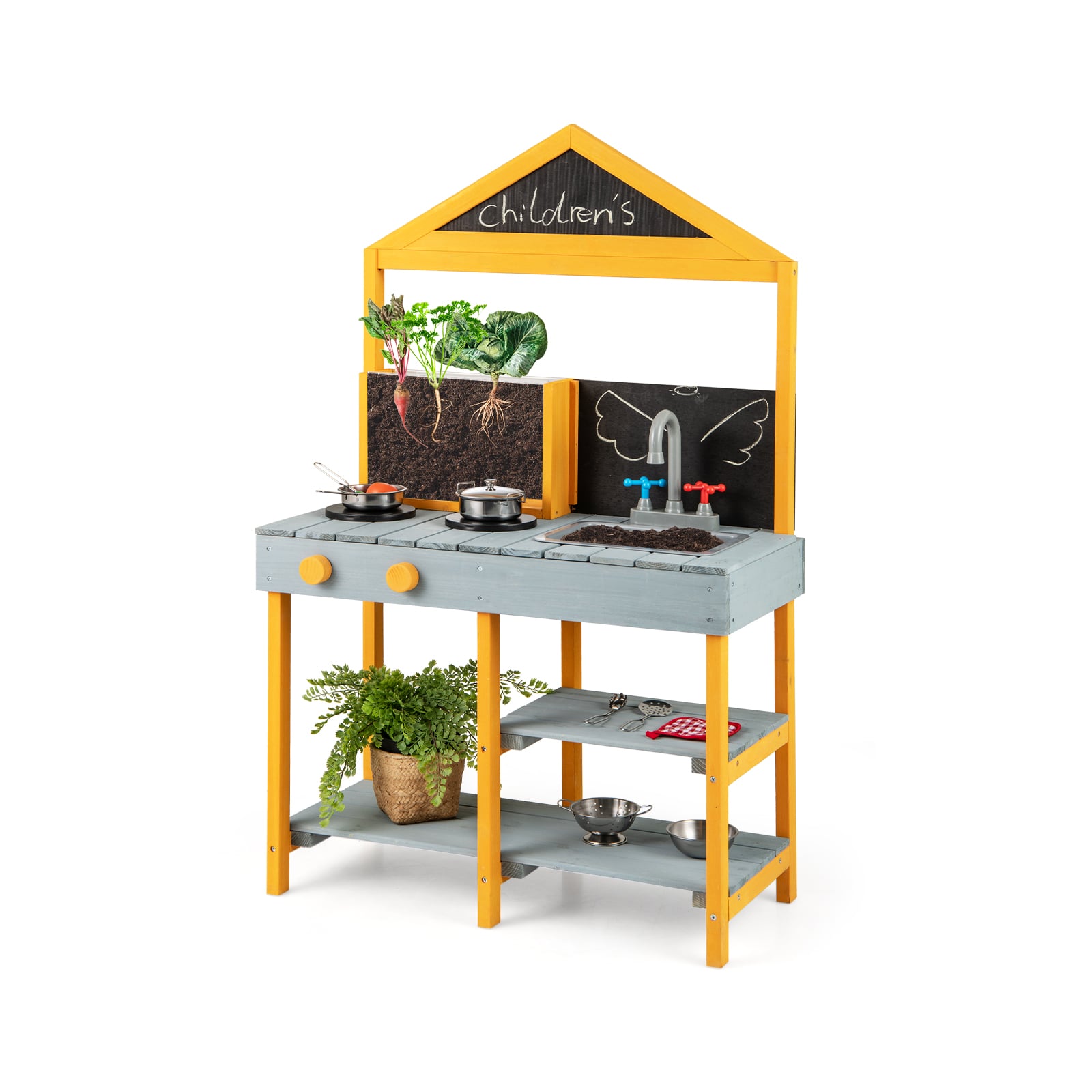 Kids Kitchen Playset with Root Viewer Planter Rotatable Faucet-Blue