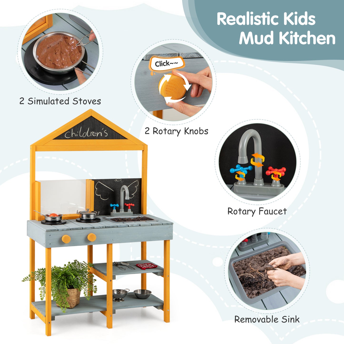 Kids Kitchen Playset with Root Viewer Planter Rotatable Faucet-Blue