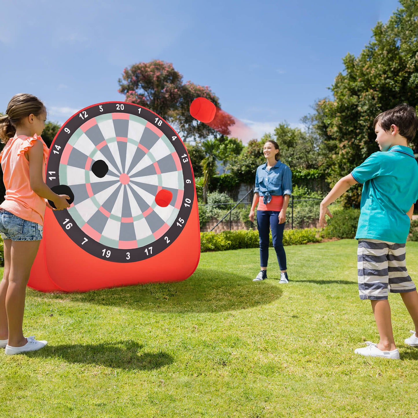 Large Dart Board for Kids Foldable and Portable Dartboard with 4 Kick Balls-Red