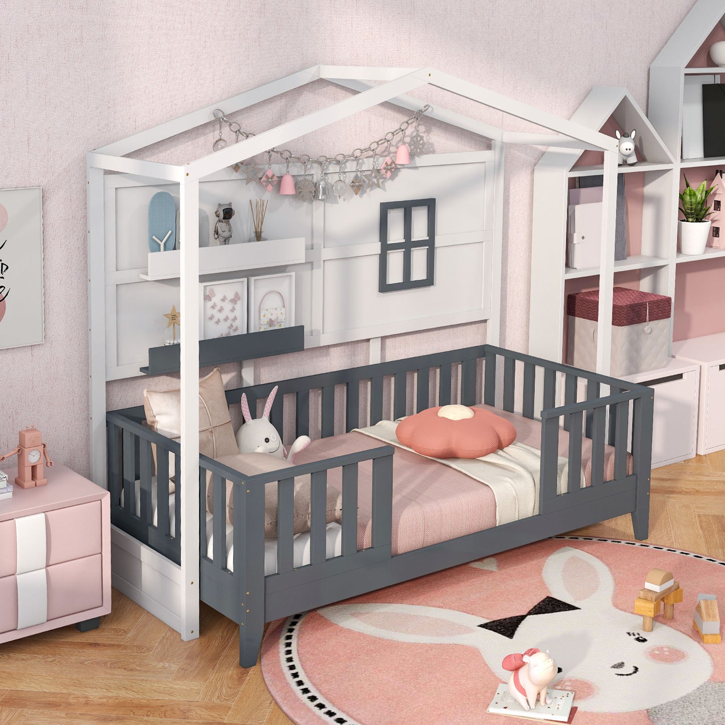 Kids Montessori Wood House Bed Bed with 2 Shelves and Guardrails-Gray &amp; White-Single Size