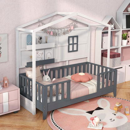 Kids Montessori Wood House Bed Bed with 2 Shelves and Guardrails-Gray &amp; White-Single Size