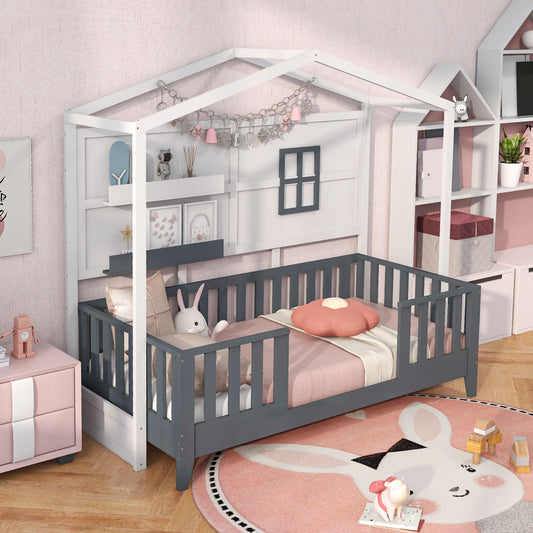 Kids Montessori Wood House Bed Bed with 2 Shelves and Guardrails-Gray &amp; White-Single Size