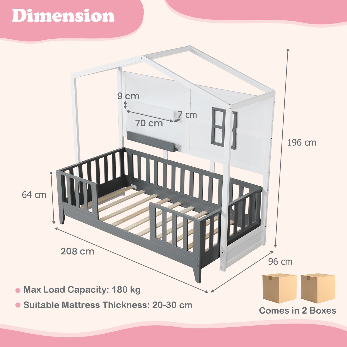 Kids Montessori Wood House Bed Bed with 2 Shelves and Guardrails-Gray &amp; White-Single Size