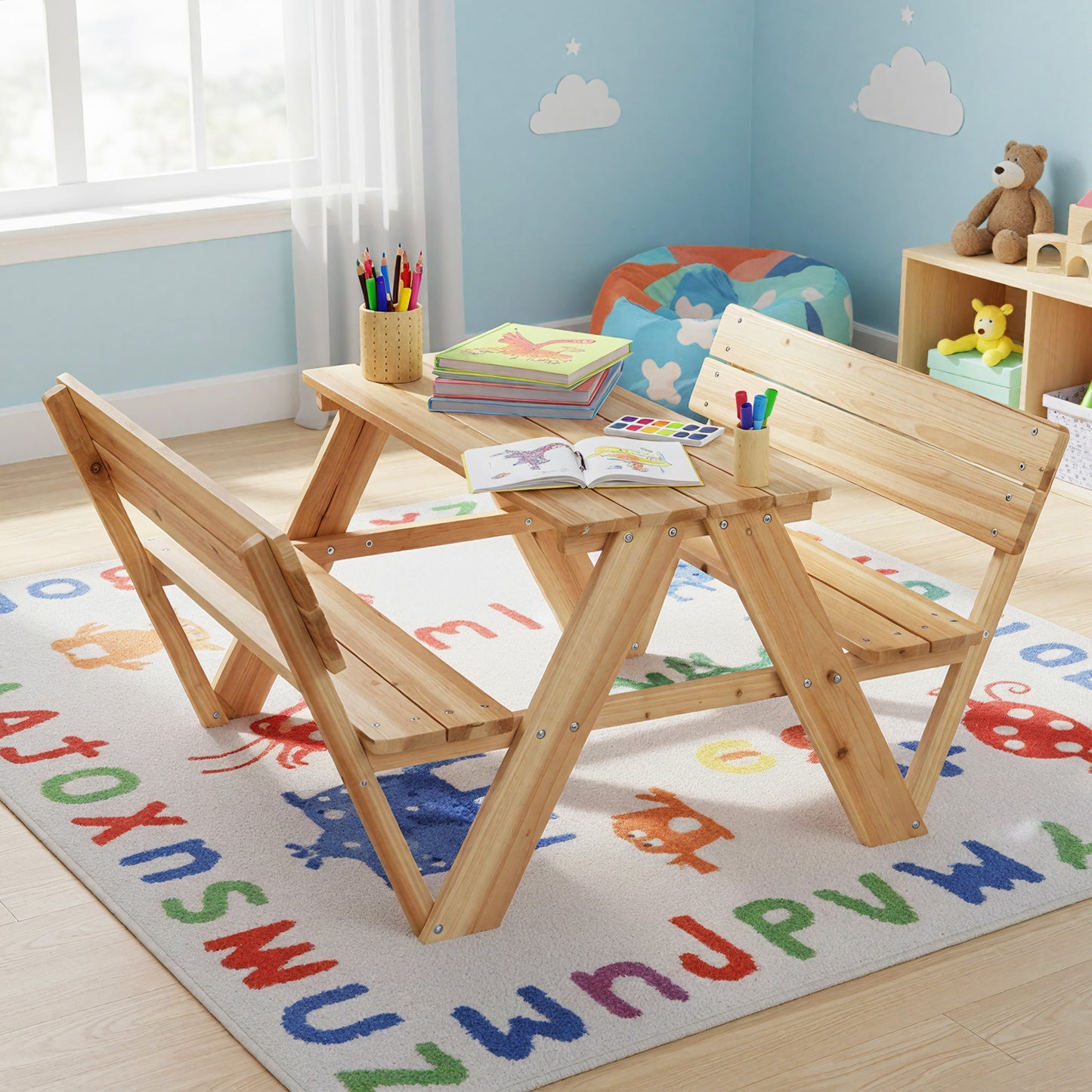 Kids Picnic Table Wooden Toddler Outdoor Activity Table and Chair Set-Natural