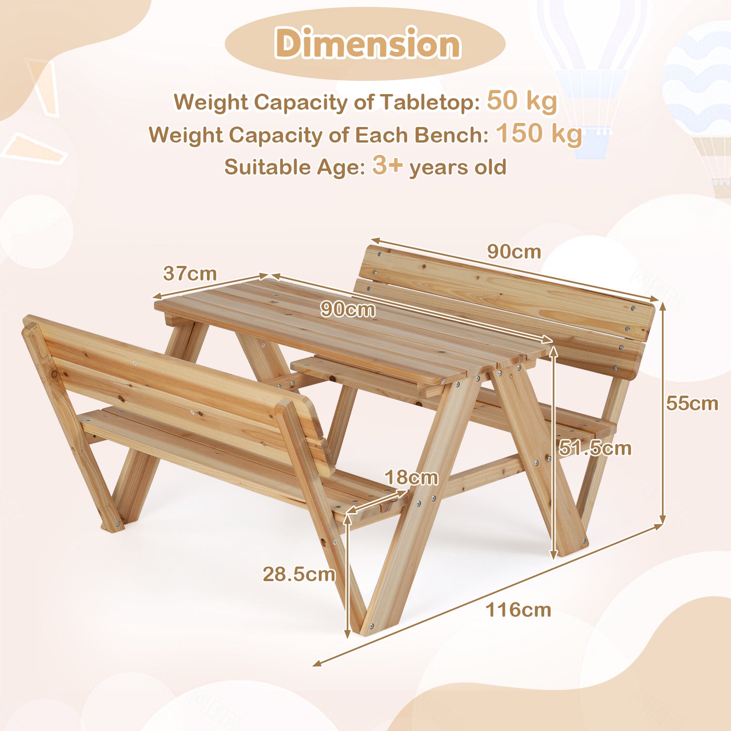 Kids Picnic Table Wooden Toddler Outdoor Activity Table and Chair Set-Natural