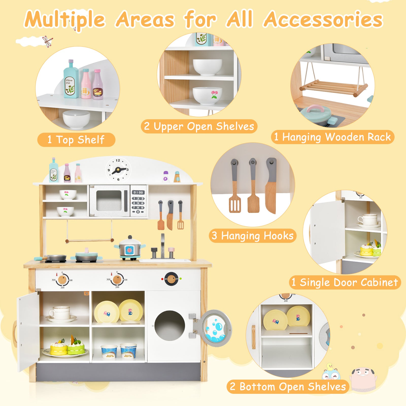Wooden Kids Play Kitchen Set with Microwave Oven and Washing Machine