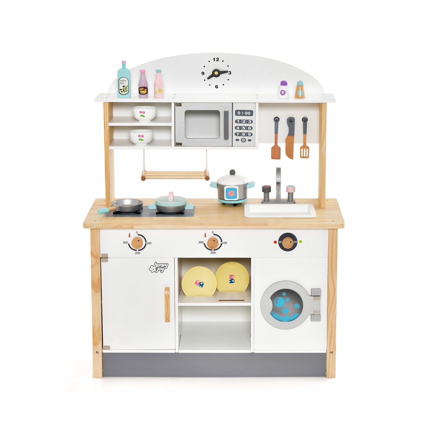 Wooden Kids Play Kitchen Set with Microwave Oven and Washing Machine