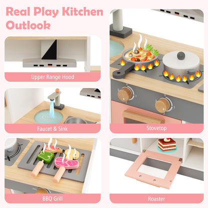 Wooden Pretend Kids Play Kitchen Set with Realistic Range Hood