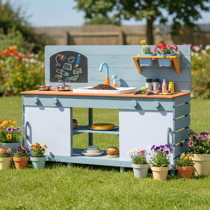 Kids Play Kitchen Set with Chalkboard and Faucet and Sink-Blue