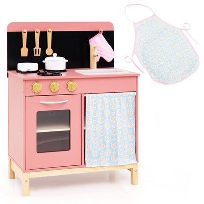 Kids Play Kitchen Set with Door Curtain and Stoves and Apron-Pink