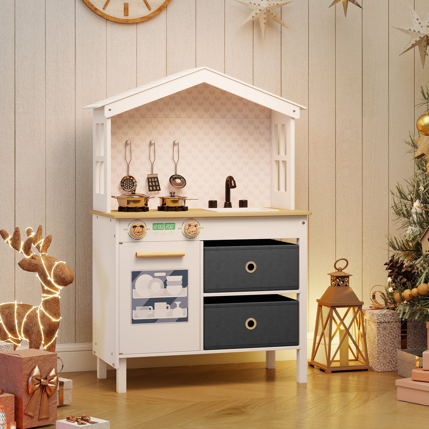 Kids Play Kitchen with 2 Stoves and Drawers and Dishwasher-White